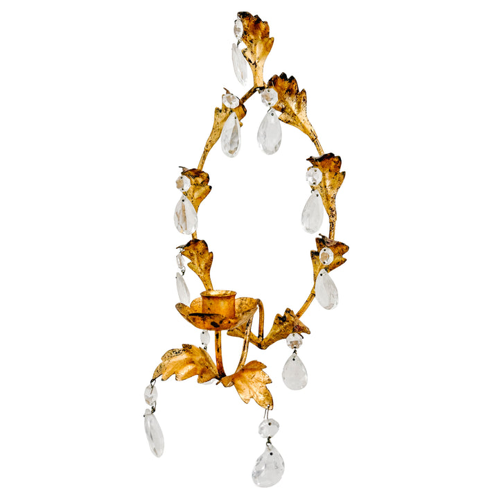 1960s Italian Florentine Gold Tole Candlestick Wall Sconces With Teardrop Crystals