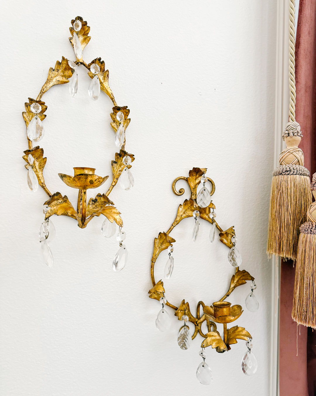 1960s Italian Florentine Gold Tole Candlestick Wall Sconces With Teardrop Crystals