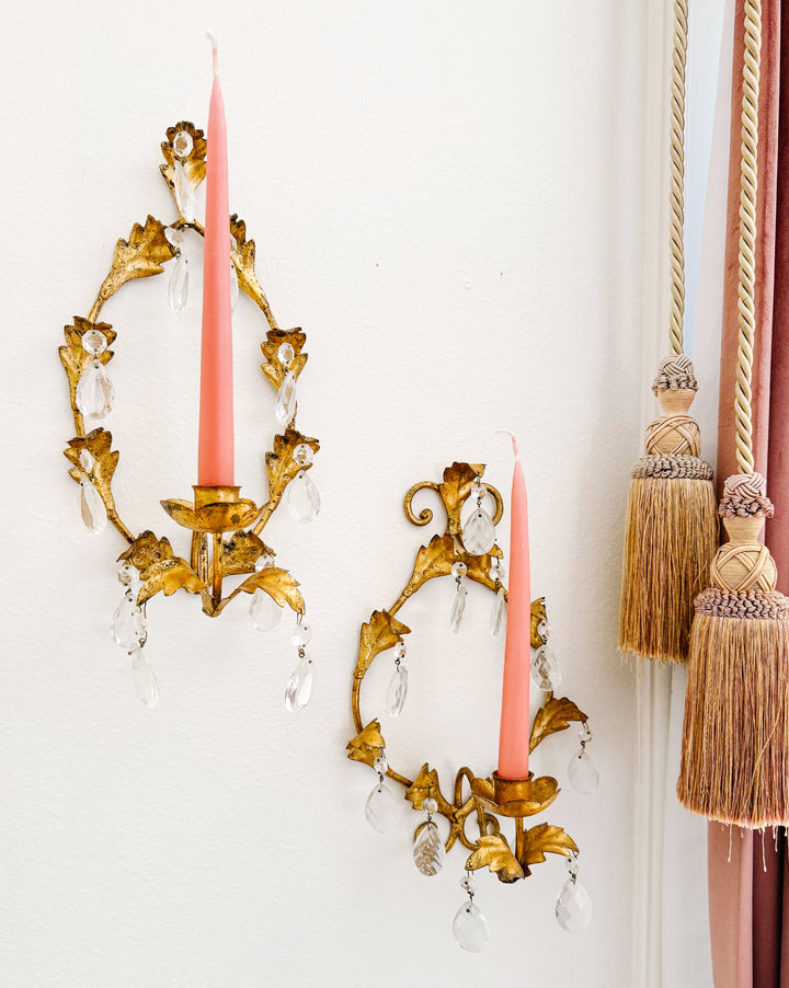 1960s Italian Florentine Gold Tole Candlestick Wall Sconces With Teardrop Crystals