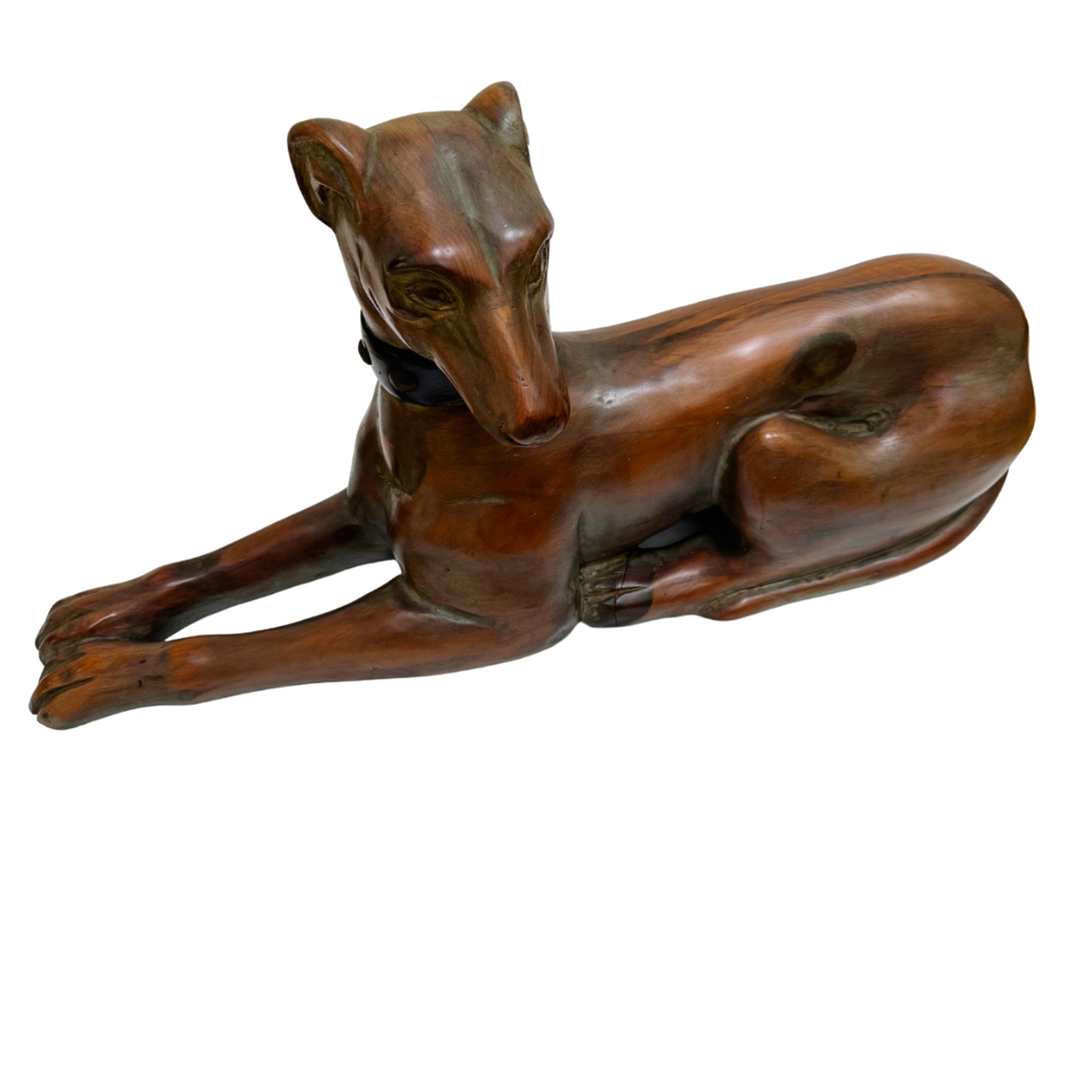 Italian Greyhound Dog Hand Carved Wood Sculpture on Stand