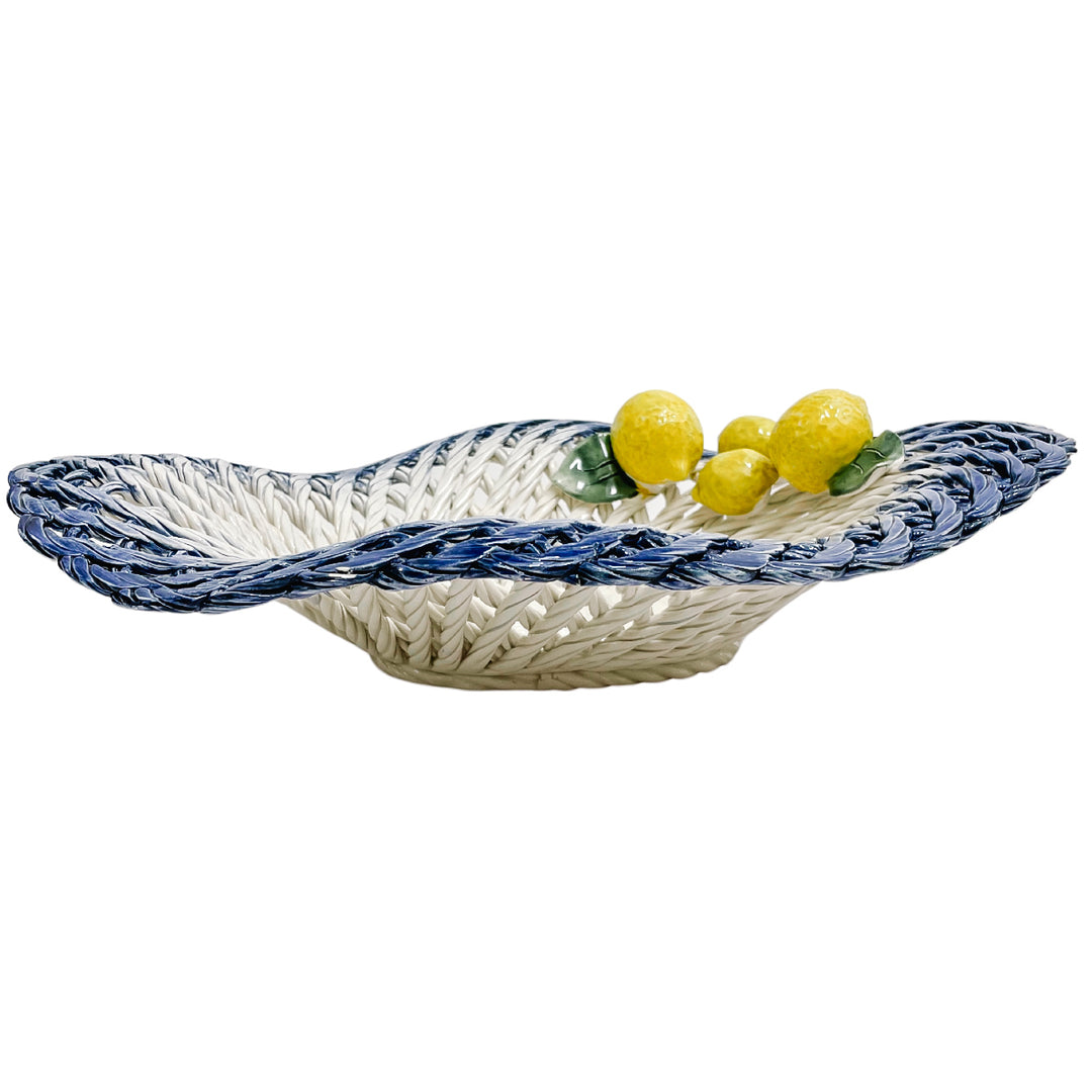 Italian Hand-Painted Ceramic Basket Bowl With Lemons