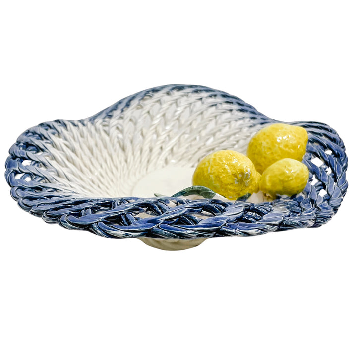 Italian Hand-Painted Ceramic Basket Bowl With Lemons