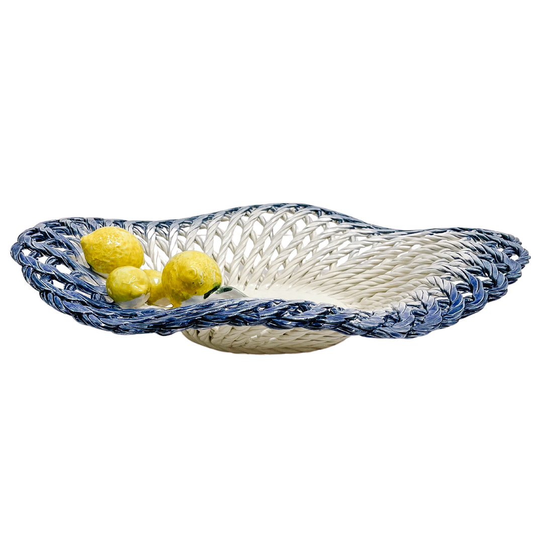 Italian Hand-Painted Ceramic Basket Bowl With Lemons