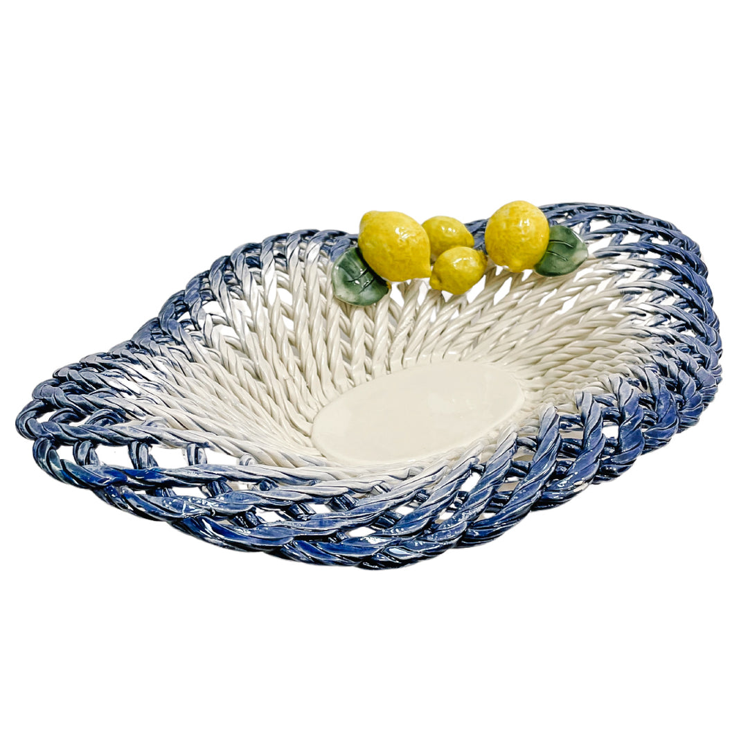 Italian Hand-Painted Ceramic Basket Bowl With Lemons