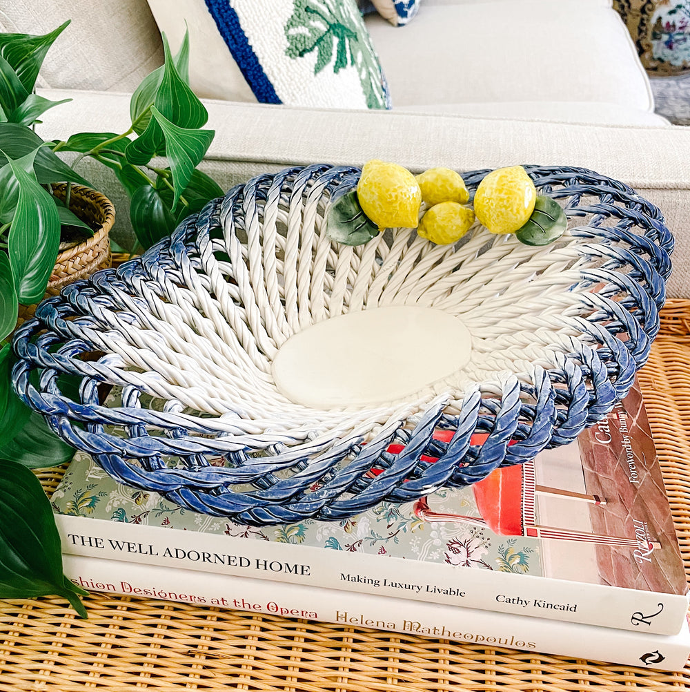 Italian Hand-Painted Ceramic Basket Bowl With Lemons