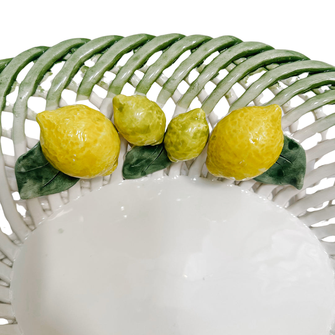 Italian Hand-Painted Ceramic Basket With Lemons