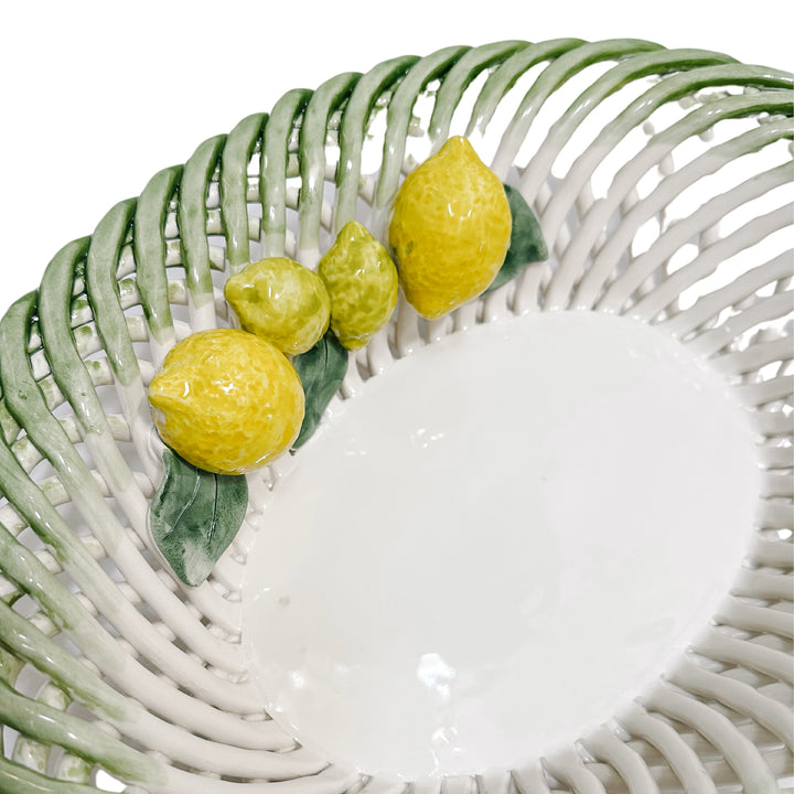 Italian Hand-Painted Ceramic Basket With Lemons