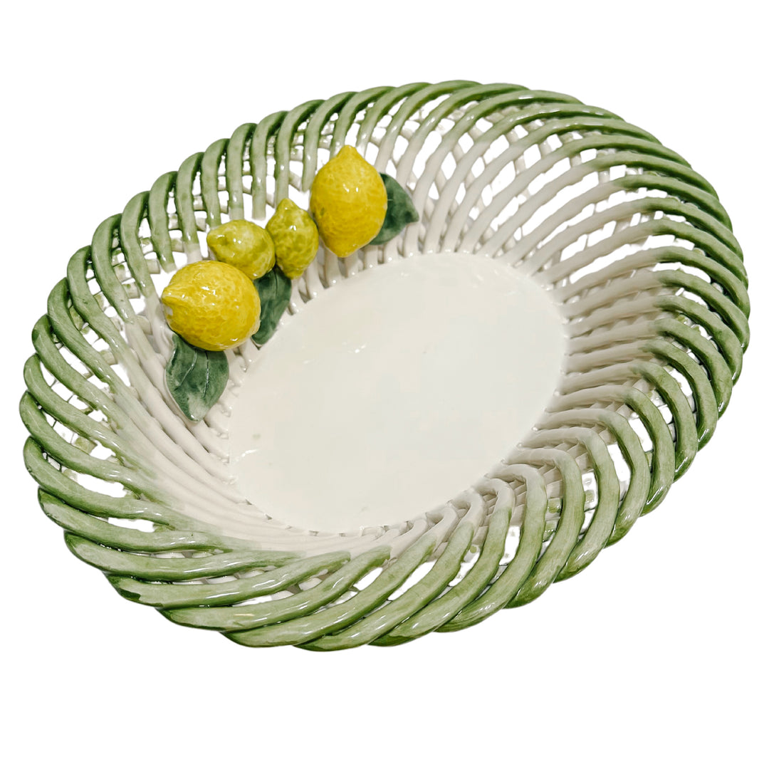 Italian Hand-Painted Ceramic Basket With Lemons