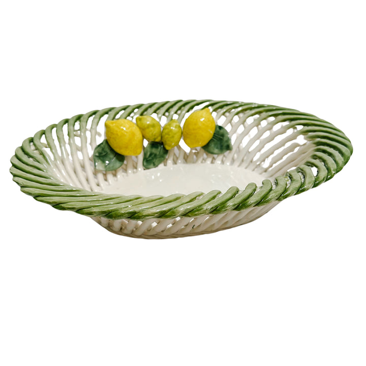 Italian Hand-Painted Ceramic Basket With Lemons