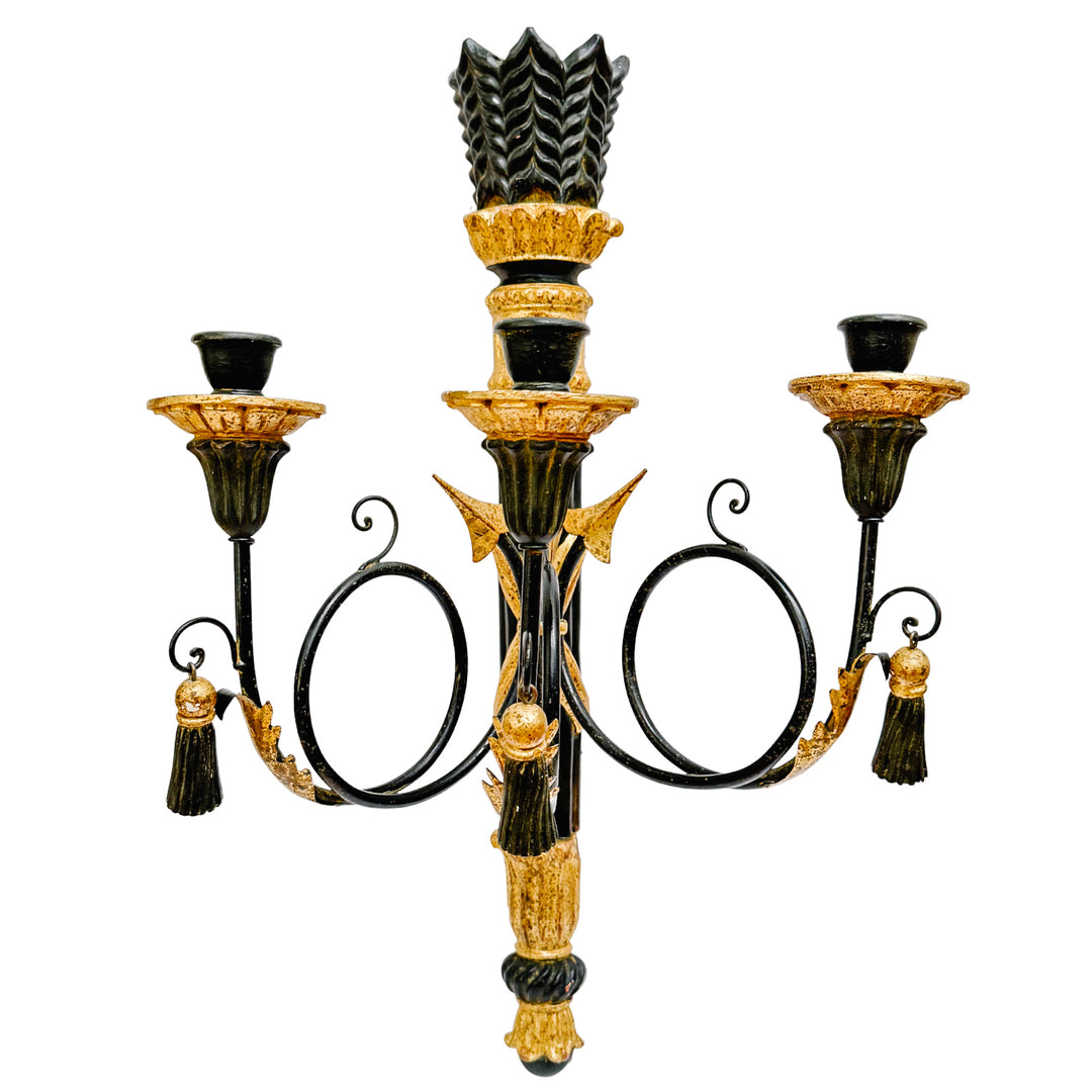 Italian Hollywood Regency Torch & Arrow 3-Arm Giltwood Wall Sconce
