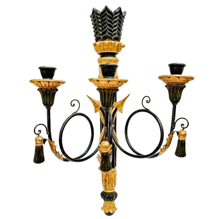 Italian Hollywood Regency Torch & Arrow 3-Arm Giltwood Wall Sconce