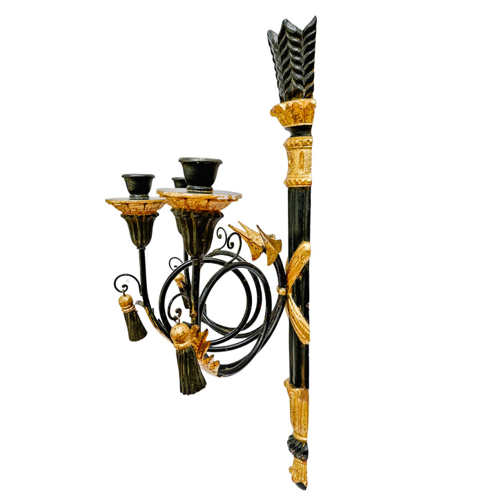 Italian Hollywood Regency Torch & Arrow 3-Arm Giltwood Wall Sconce