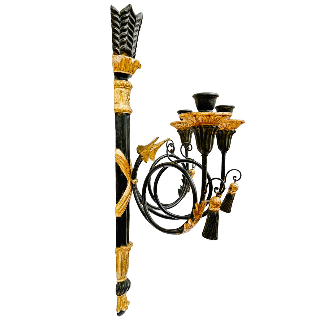 Italian Hollywood Regency Torch & Arrow 3-Arm Giltwood Wall Sconce
