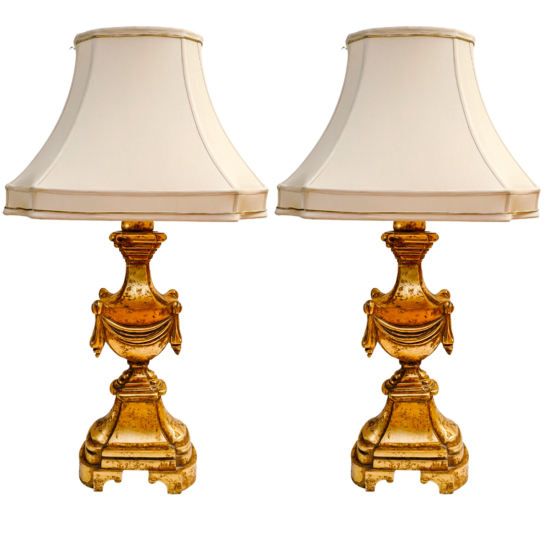 1960 Italian Neoclassical Carved Giltwood Table Lamps
