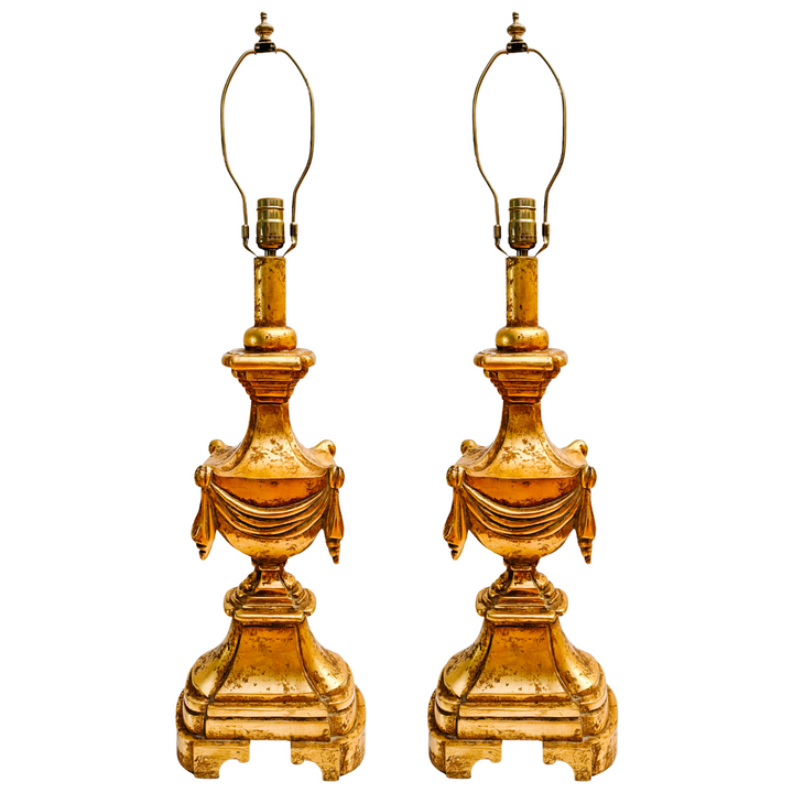 1960 Italian Neoclassical Carved Giltwood Table Lamps