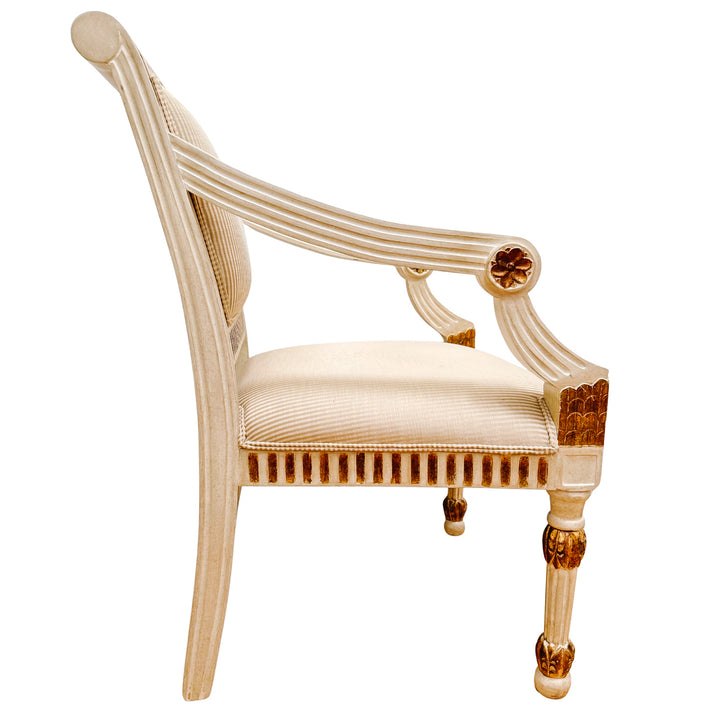 Vintage Italian Neoclassical Gilt & Painted Armchair Fauteuils With Rosette Carvings