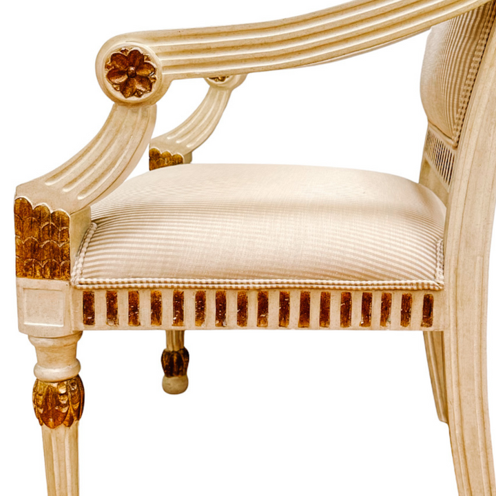 Vintage Italian Neoclassical Gilt & Painted Armchair Fauteuils With Rosette Carvings