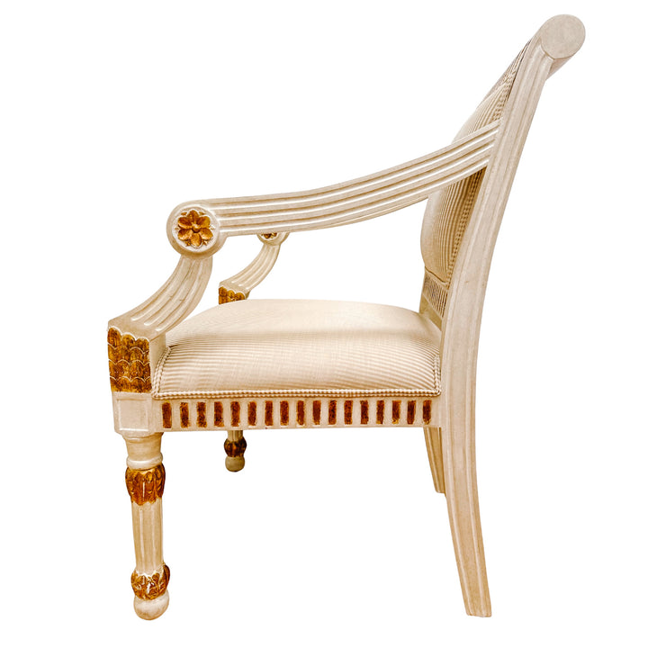 Vintage Italian Neoclassical Gilt & Painted Armchair Fauteuils With Rosette Carvings