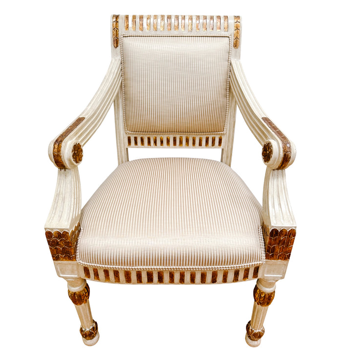 Vintage Italian Neoclassical Gilt & Painted Armchair Fauteuils With Rosette Carvings