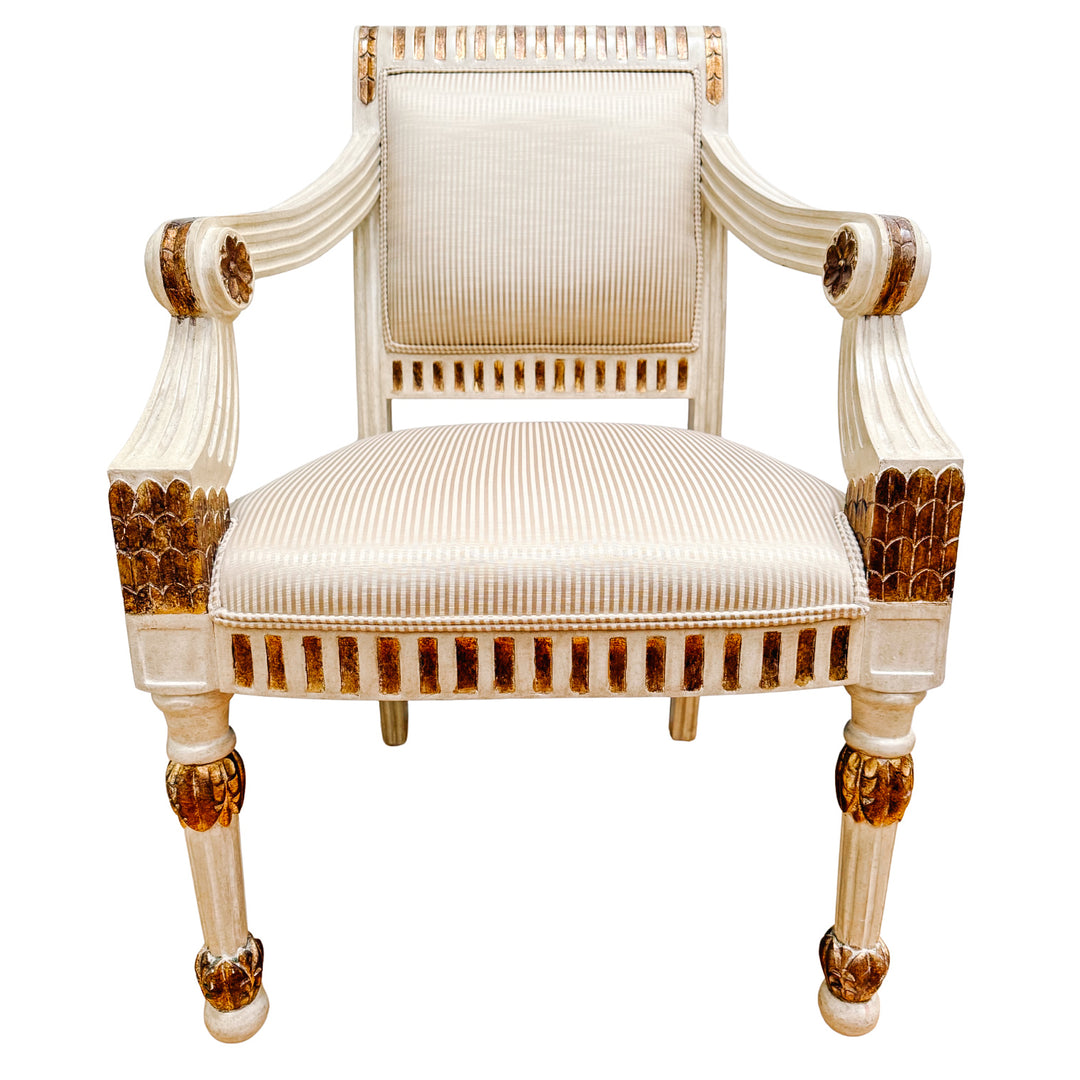 Vintage Italian Neoclassical Gilt & Painted Armchair Fauteuils With Rosette Carvings