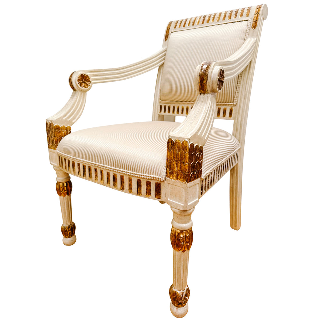 Vintage Italian Neoclassical Gilt & Painted Armchair Fauteuils With Rosette Carvings