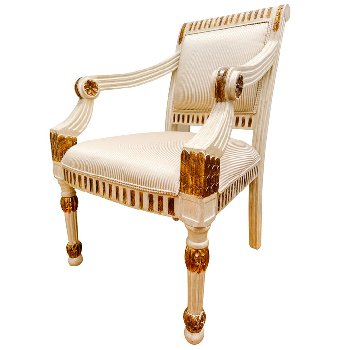 Vintage Italian Neoclassical Gilt & Painted Armchair Fauteuils With Rosette Carvings