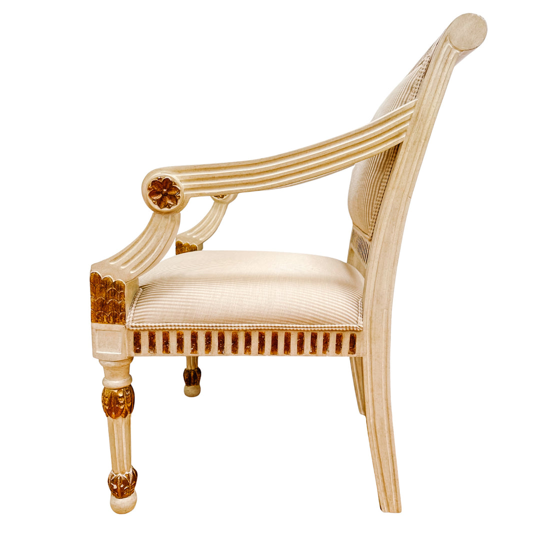 Vintage Italian Neoclassical Gilt & Painted Armchair Fauteuils With Rosette Carvings