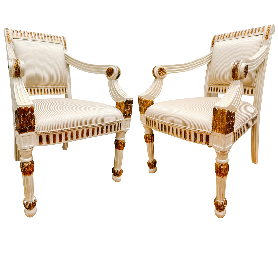 Vintage Italian Neoclassical Gilt & Painted Armchair Fauteuils With Rosette Carvings