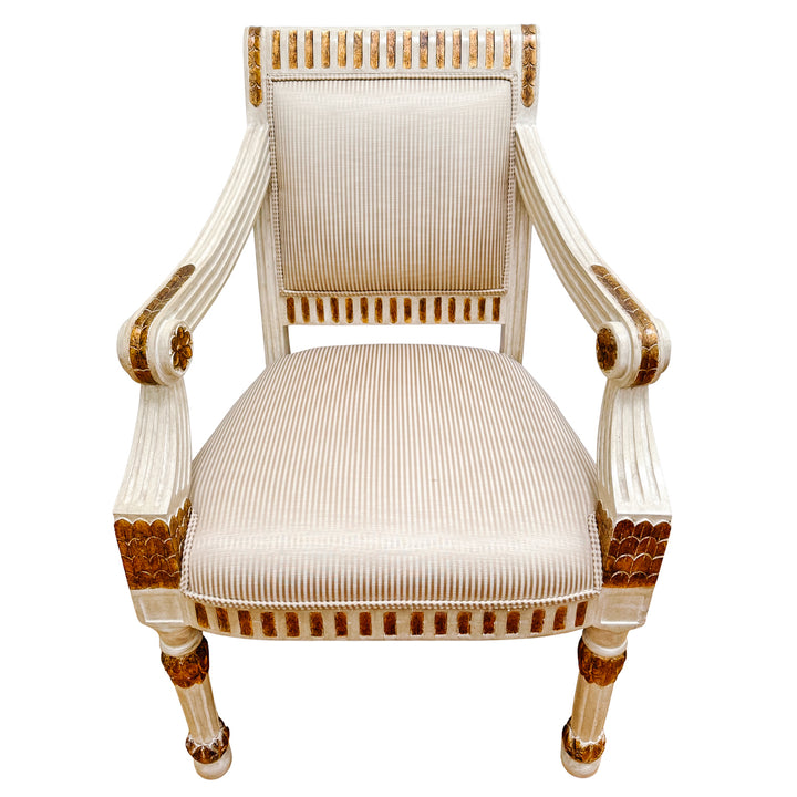Vintage Italian Neoclassical Gilt & Painted Armchair Fauteuils With Rosette Carvings