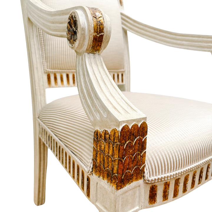 Vintage Italian Neoclassical Gilt & Painted Armchair Fauteuils With Rosette Carvings