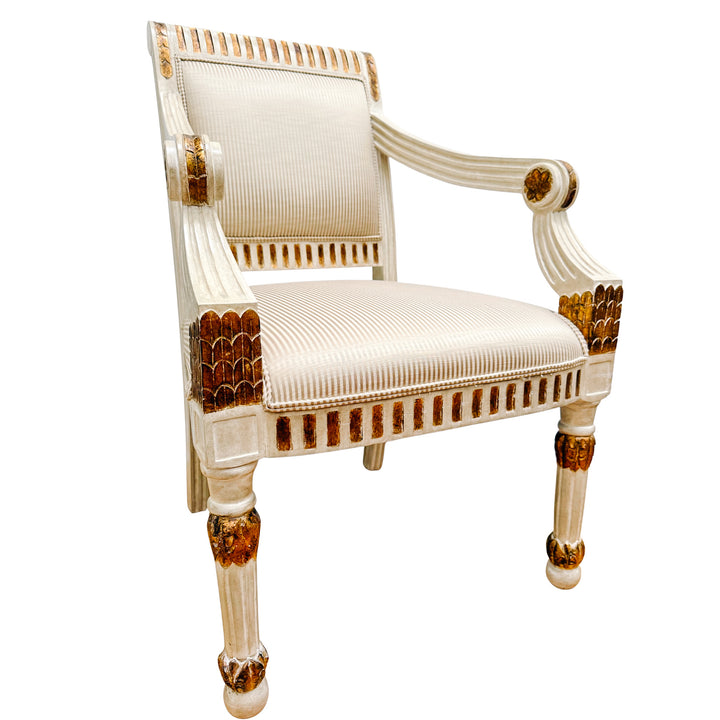 Vintage Italian Neoclassical Gilt & Painted Armchair Fauteuils With Rosette Carvings