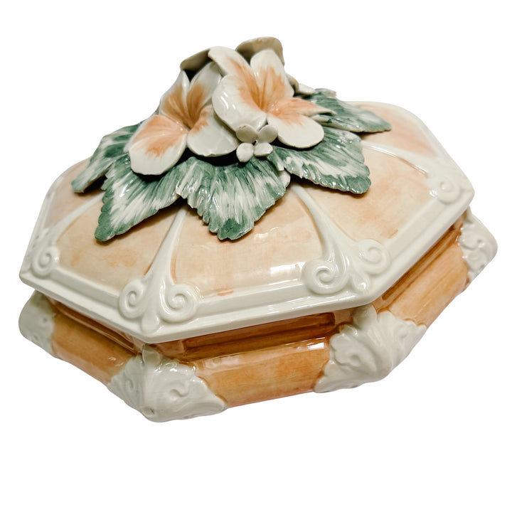 Italian Porcelain Pink Hibiscus Covered Dish
