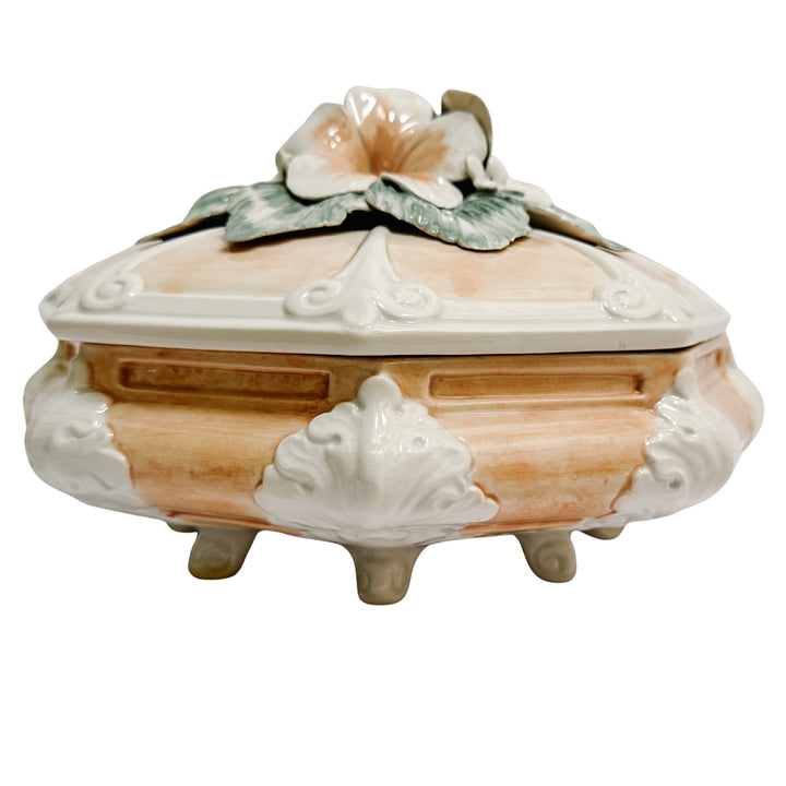 Italian Porcelain Pink Hibiscus Covered Dish