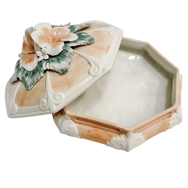 Italian Porcelain Pink Hibiscus Covered Dish