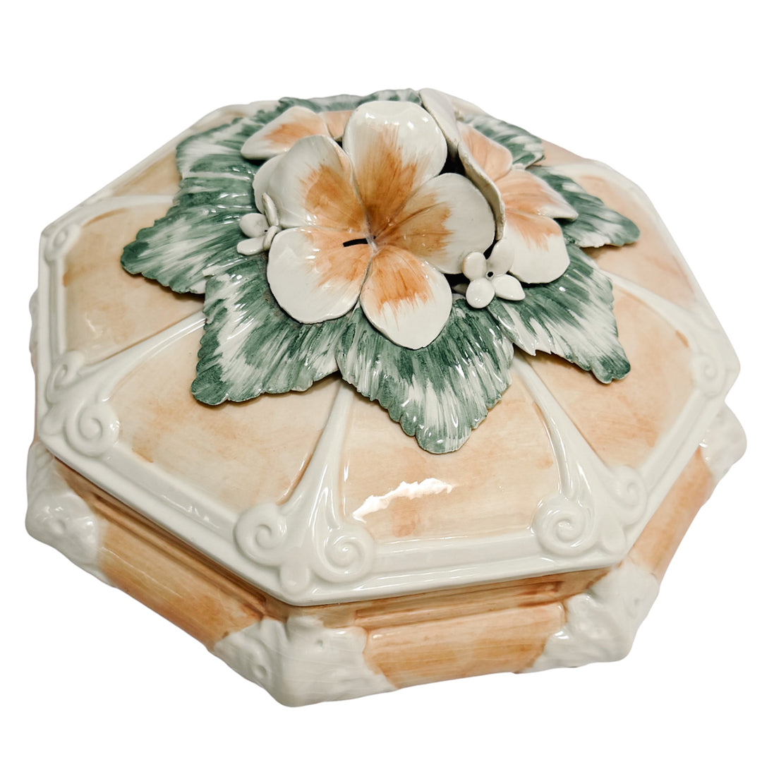 Italian Porcelain Pink Hibiscus Covered Dish