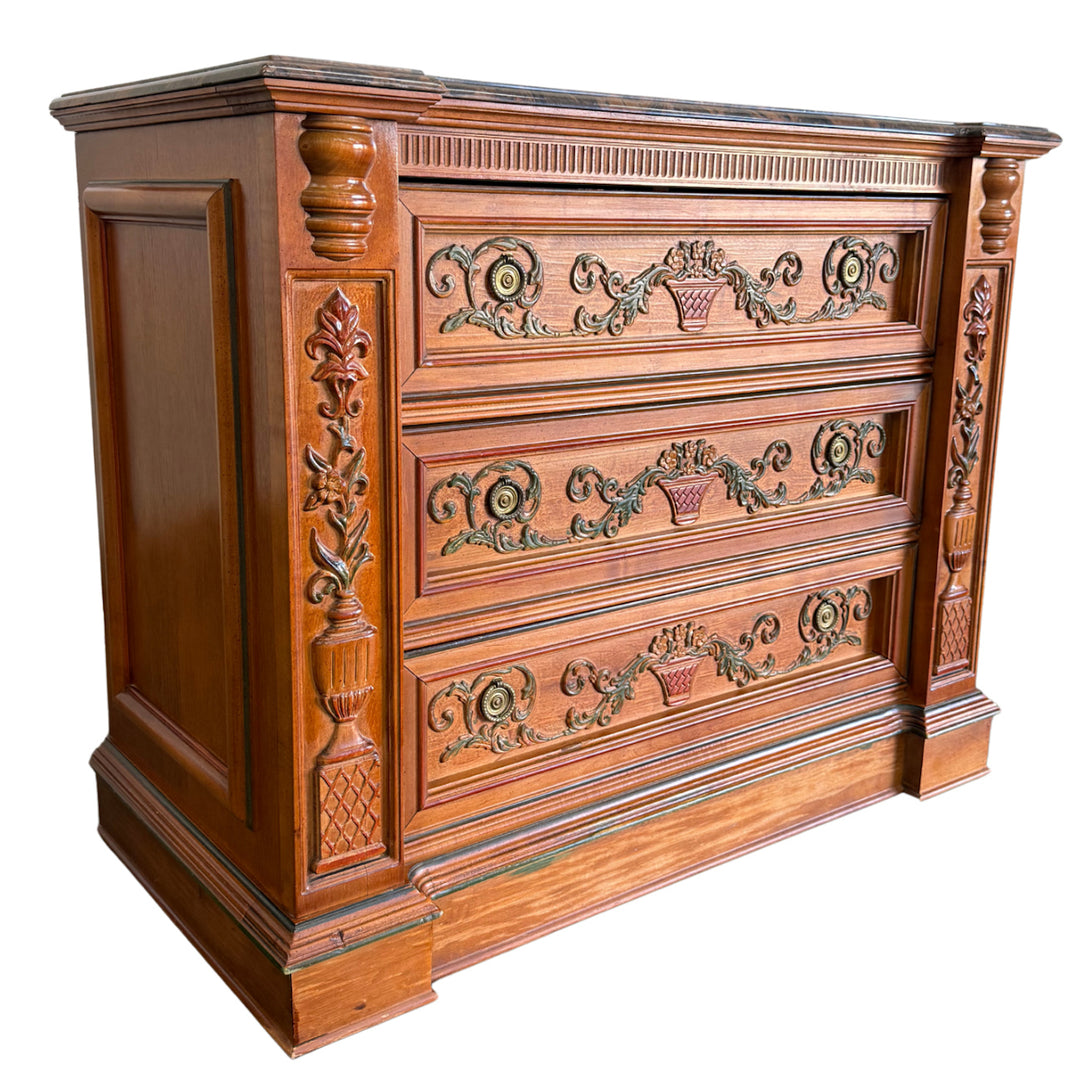 Italian Renaissance Revival Carved 3-Drawer Chest With Marble Top by Pulaski
