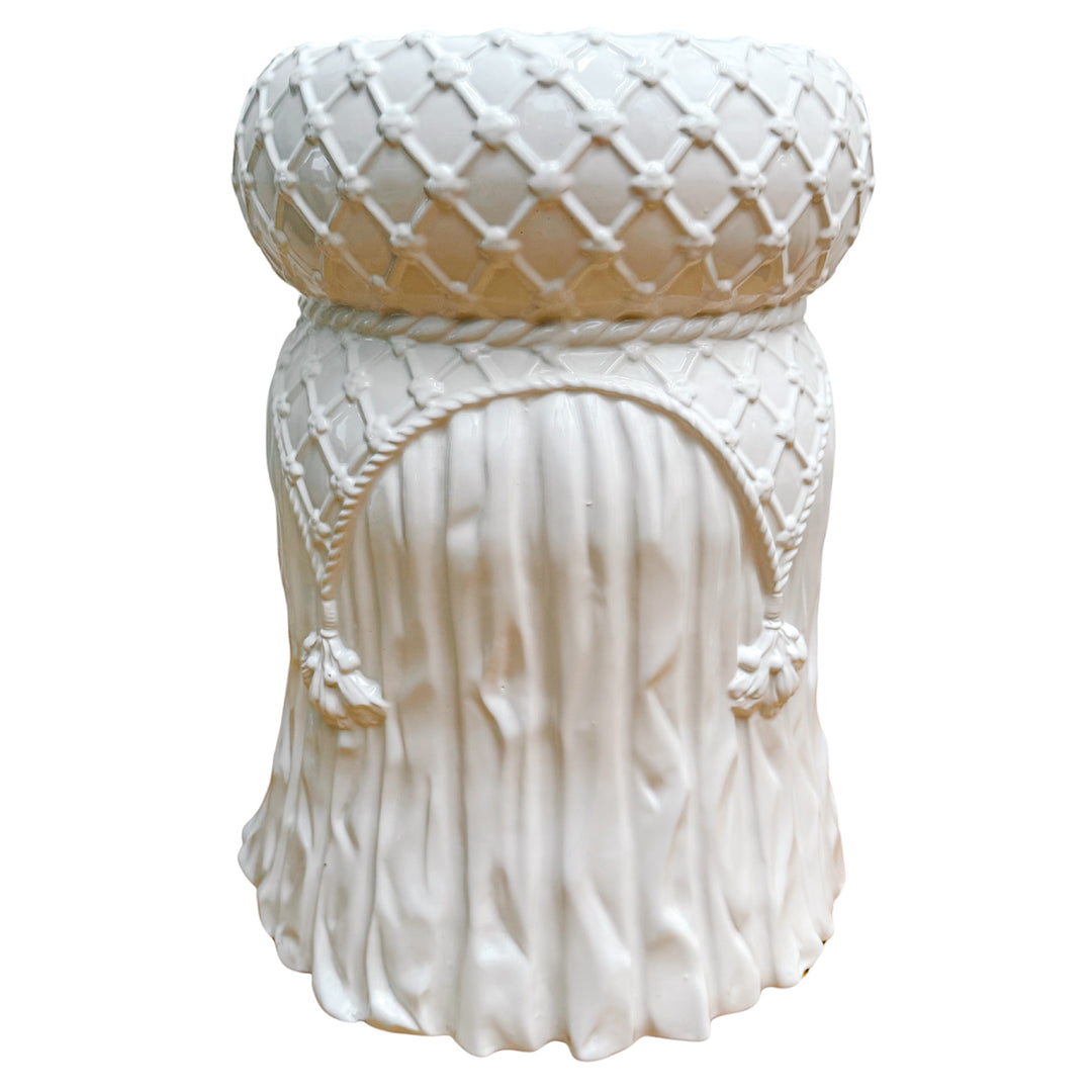 Italian White Glazed Ceramic Garden Stool With Tassels