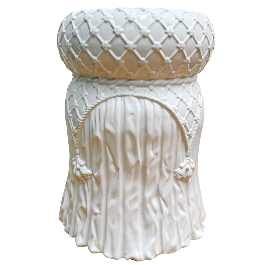 Italian White Glazed Ceramic Garden Stool With Tassels