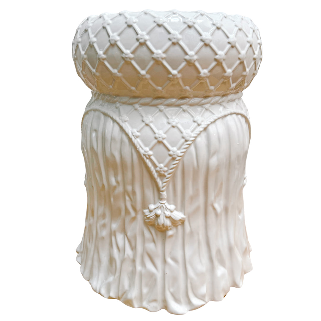 Italian White Glazed Ceramic Garden Stool With Tassels