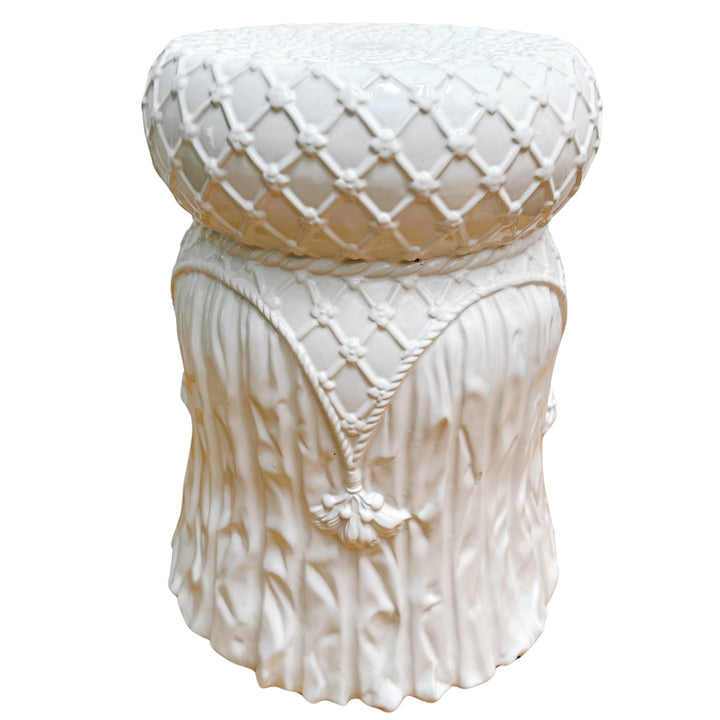Italian White Glazed Ceramic Garden Stool With Tassels