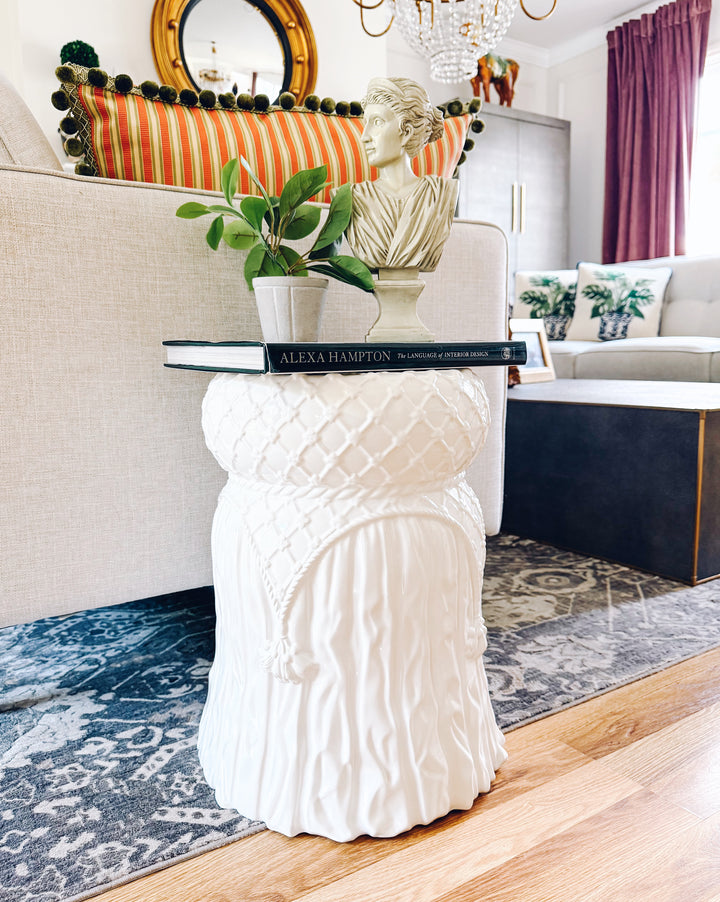 Italian White Glazed Ceramic Garden Stool With Tassels