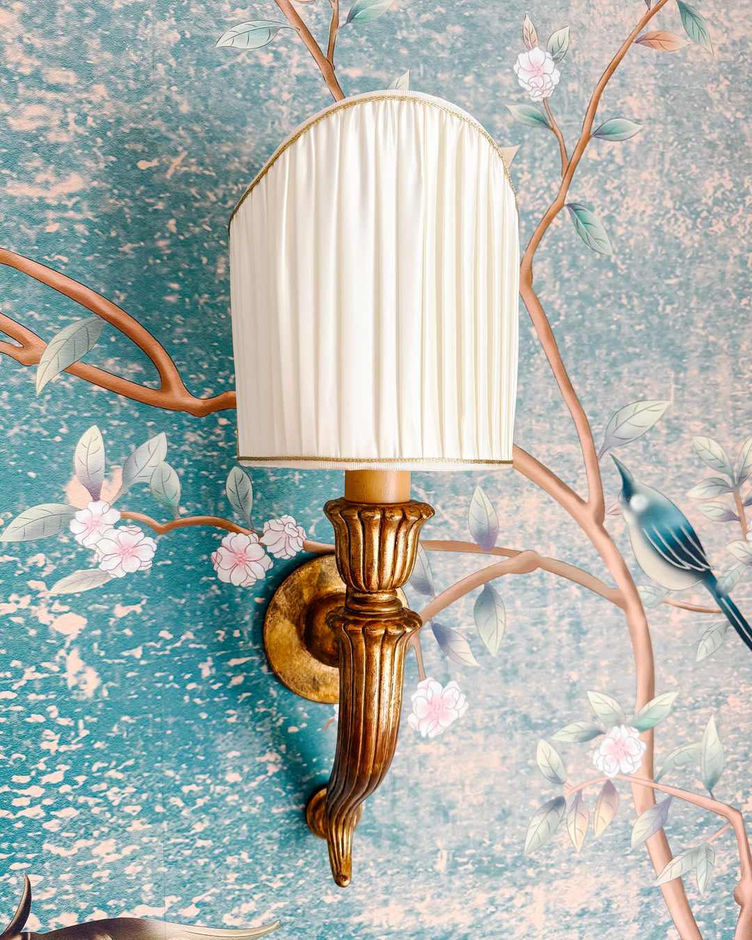 Italian Baroque Giltwood Wall Sconces with Pleated Silk Shades
