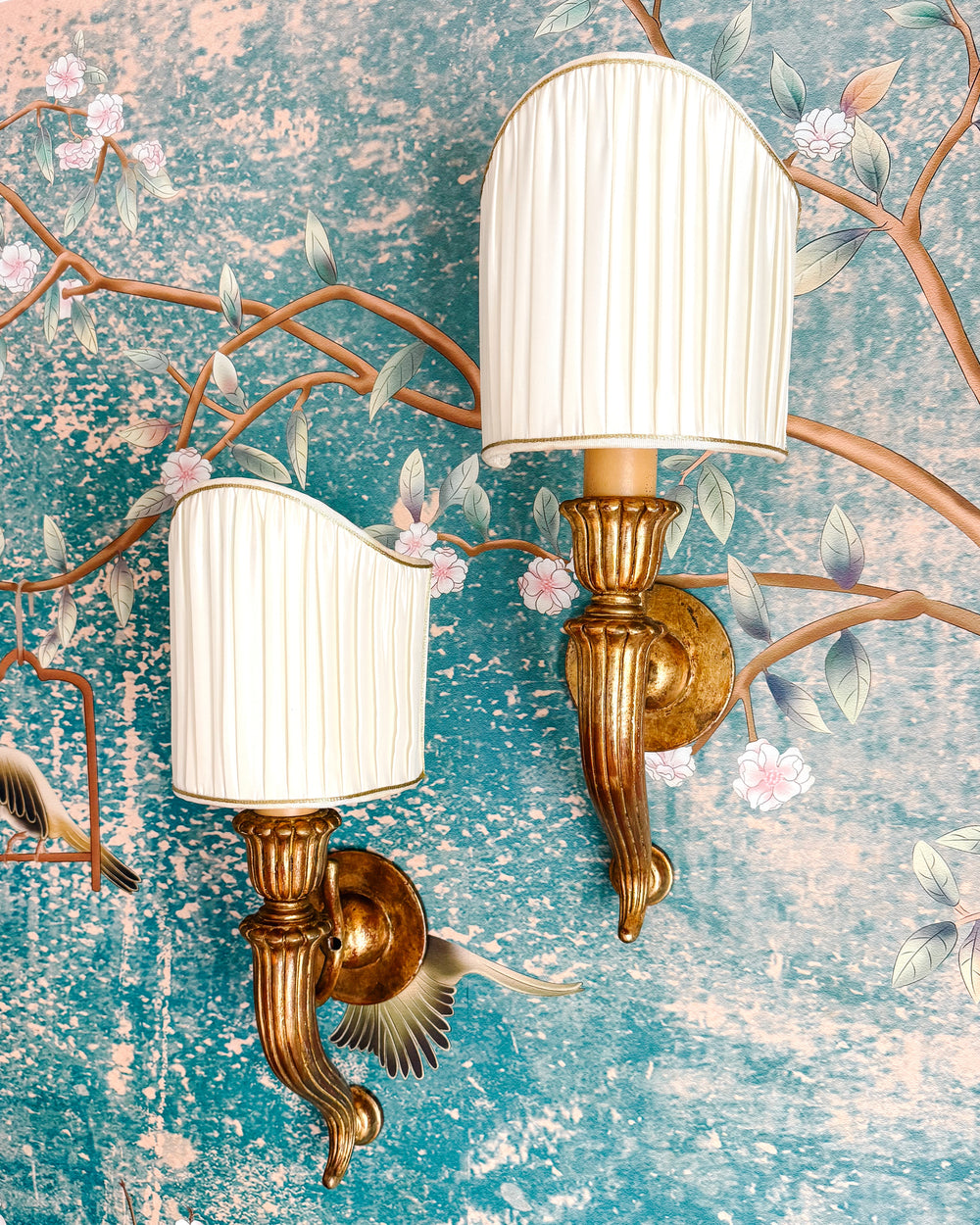 Italian Baroque Giltwood Wall Sconces with Pleated Silk Shades