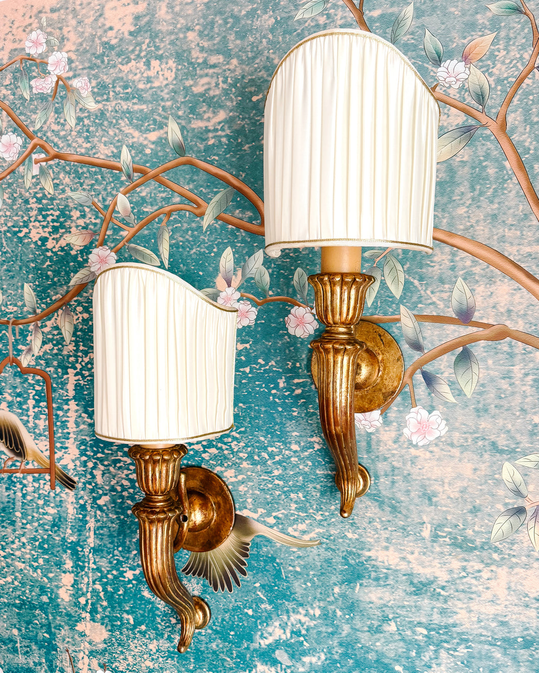 Italian Baroque Giltwood Wall Sconces with Pleated Silk Shades