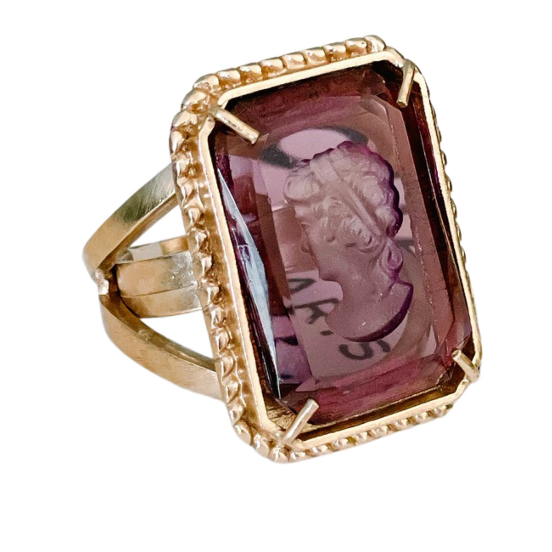 Italian Bronze Cocktail Ring With Amethyst Murano Intaglio