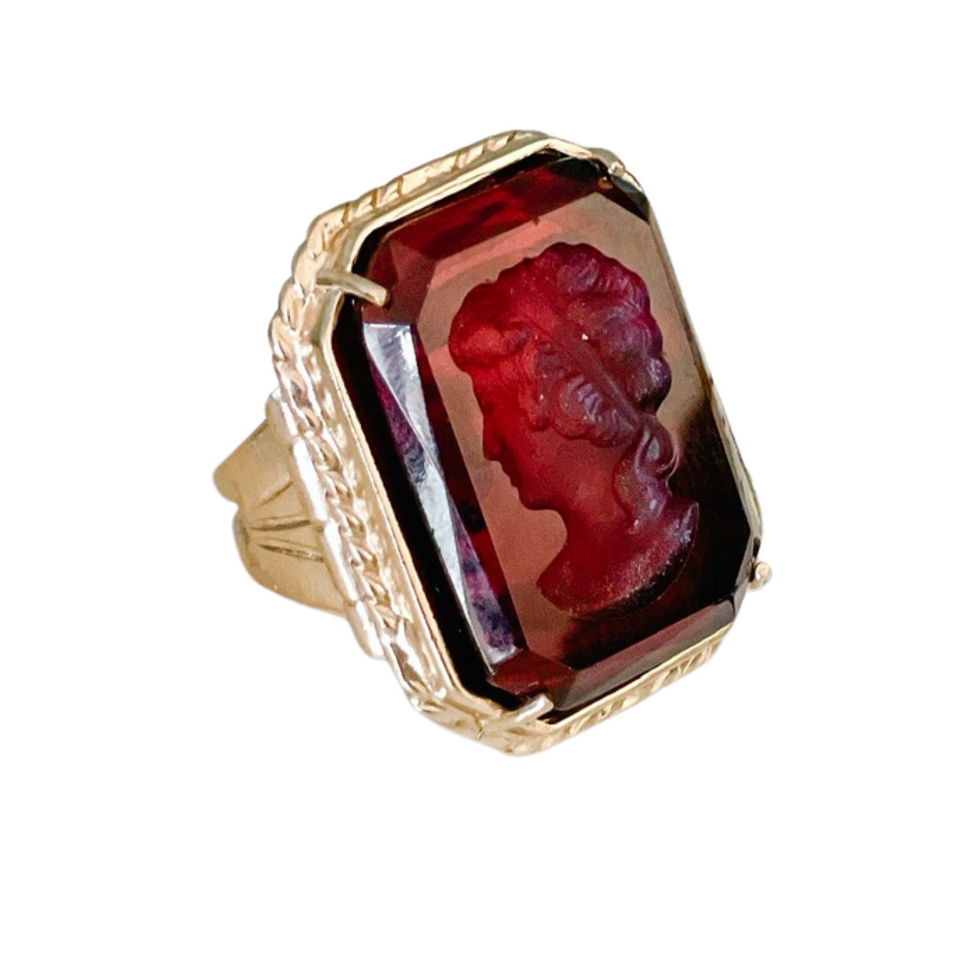 Italian Bronze Octagonal Cocktail Ring With Red Murano Intaglio