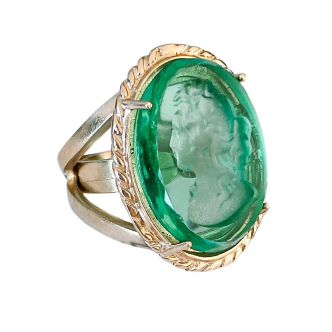 Italian Bronze Oval Cocktail Ring With Green Murano Intaglio