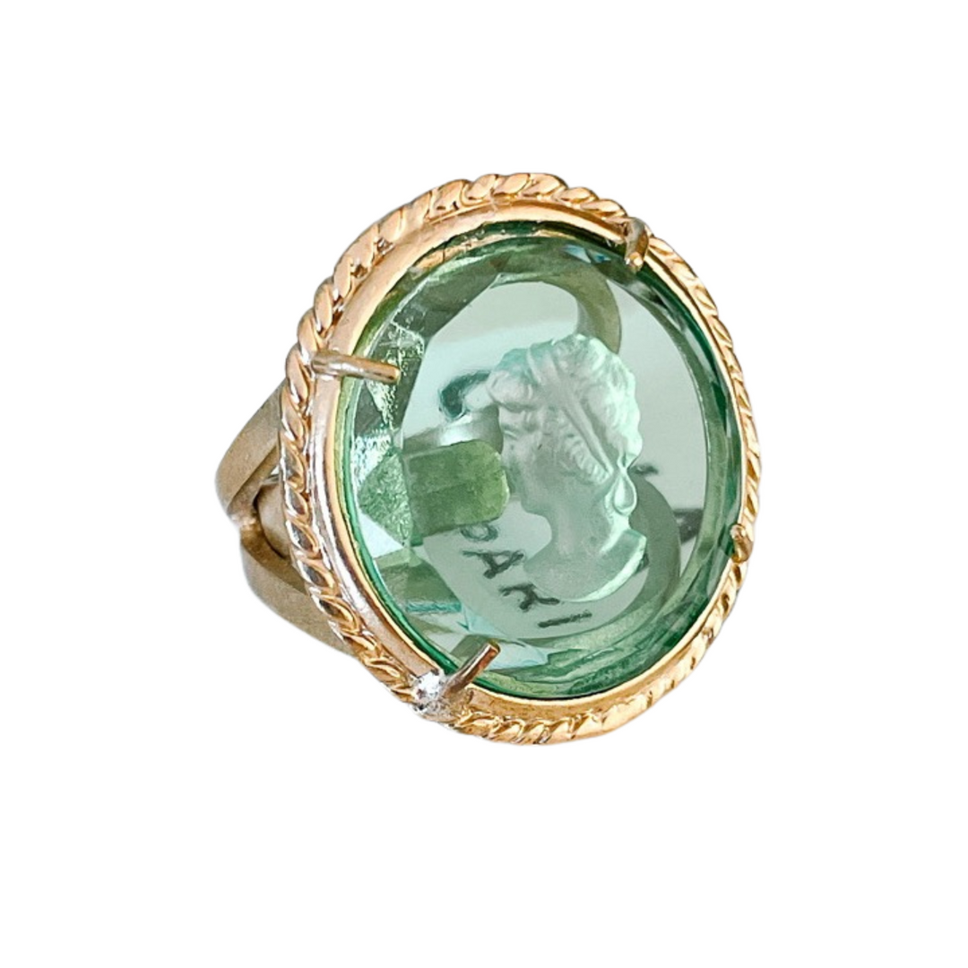 Italian Bronze Round Cocktail Ring With Green Murano Intaglio