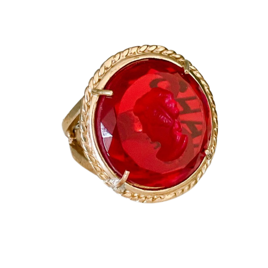 Italian Bronze Round Cocktail Ring With Ruby Red Murano Intaglio