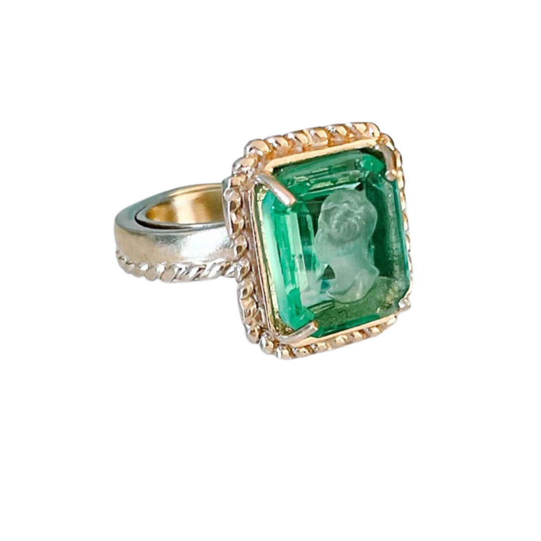 Italian Bronze Small Octagonal Cocktail Ring With Green Murano Intaglio